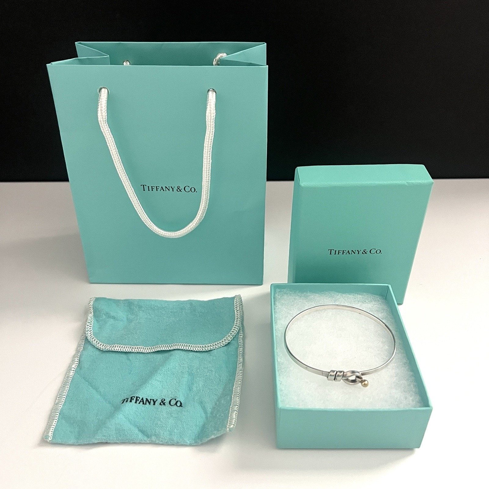 Tiffany & Co 925 750 Hook Eye Love Knot Bangle Bracelet Silver Gold 6.5" Box Bag